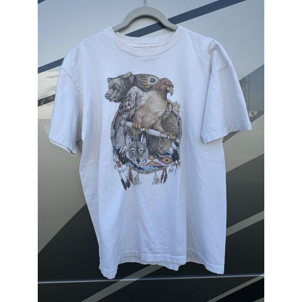 Vintage 90s Anvil single stitch white Native American Tribal Wolves tshirt L